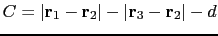 $C = \vert\mathbf{r}_1 - \mathbf{r}_2\vert - \vert\mathbf{r}_3 - \mathbf{r}_2\vert - d $