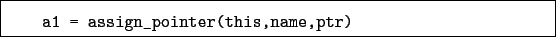 \begin{boxedminipage}{\textwidth}
\begin{verbatim}a1 = assign_pointer(this,name,ptr)\end{verbatim}
\end{boxedminipage}