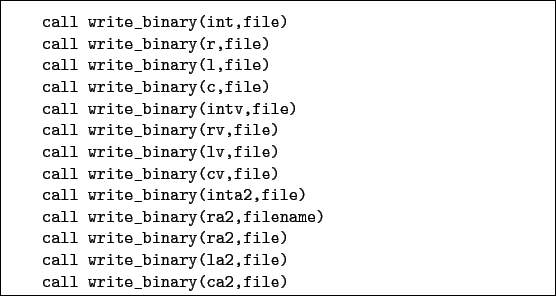 \begin{boxedminipage}{\textwidth}
\begin{verbatim}call write_binary(int,file...
...binary(la2,file)
call write_binary(ca2,file)\end{verbatim}
\end{boxedminipage}