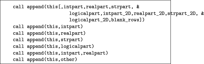 \begin{boxedminipage}{\textwidth}
\begin{verbatim}call append(this[,intpart,...
...is,intpart,realpart)
call append(this,other)\end{verbatim}
\end{boxedminipage}