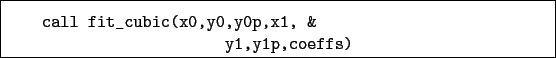 \begin{boxedminipage}{\textwidth}
\begin{verbatim}call fit_cubic(x0,y0,y0p,x1, &
y1,y1p,coeffs)\end{verbatim}
\end{boxedminipage}