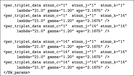 \begin{boxedminipage}{\textwidth}
\begin{verbatim}<per_triplet_data atnum_c=...
...amma=''1.20'' eps=''2.1675'' />
</SW_params>\end{verbatim}
\end{boxedminipage}